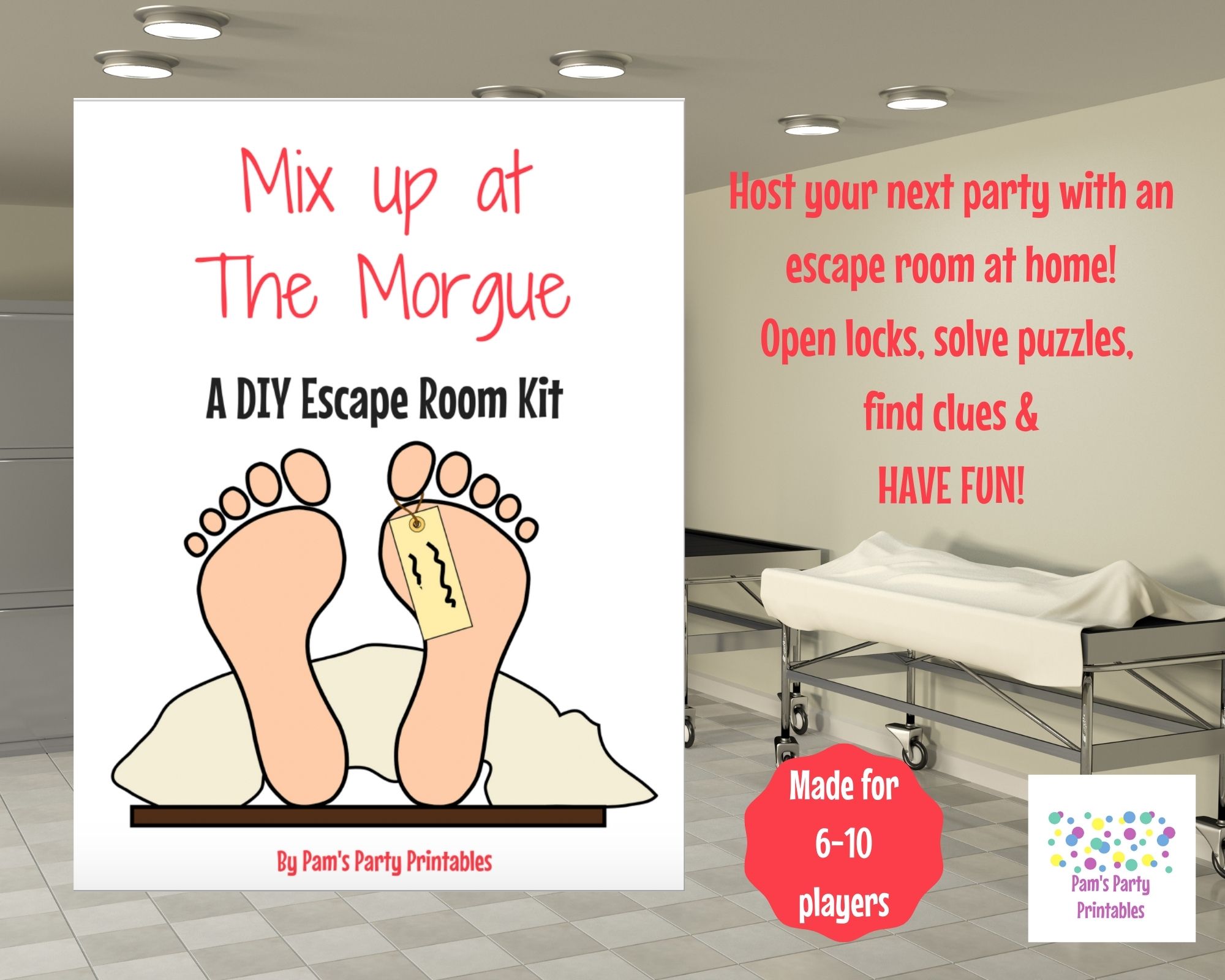 Mix up at the Morgue – A DIY Escape Room Kit – Game, New Years Game, GNO, Birthday – Family Friendly – Ages 14 & – Escape Room | Pam's Party Place