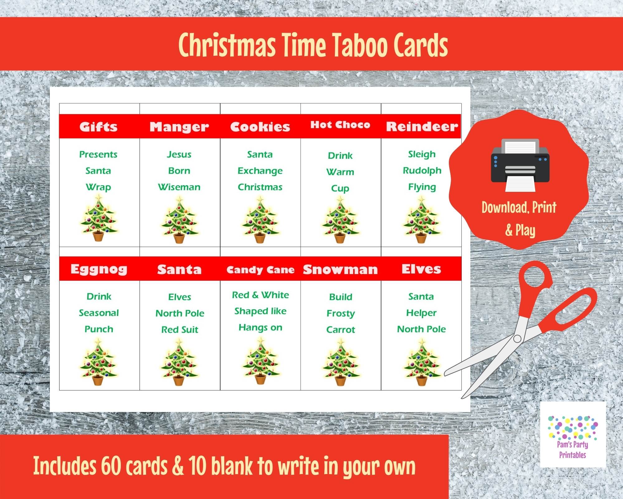 Printable Christmas Game Cards For Taboo Group Game Family Game All Ages INSTANT DOWNLOAD