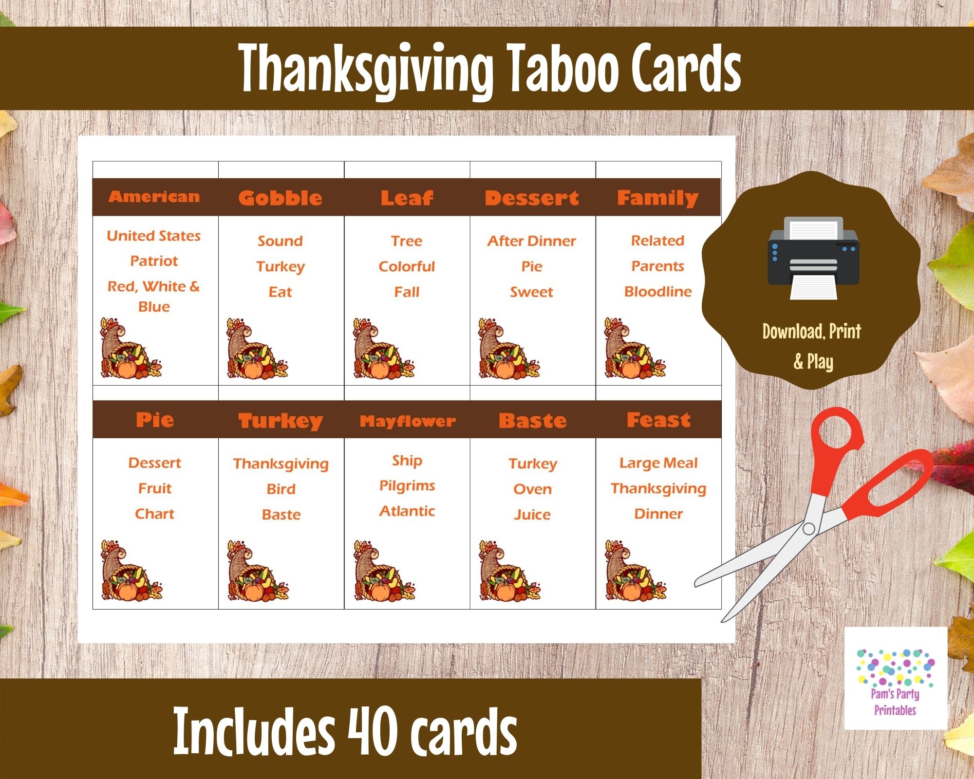 Printable Thanksgiving Game Taboo Cards INSTANT DOWNLOAD Pam s 